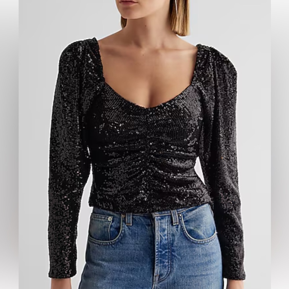 Express Sequin Sweetheart Neckline Puff Sleeve Ruched Front Top  size medium